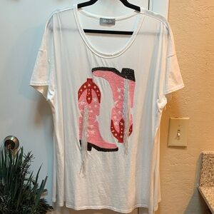White Short Sleeve Oversized Tee with Pink Boot Design